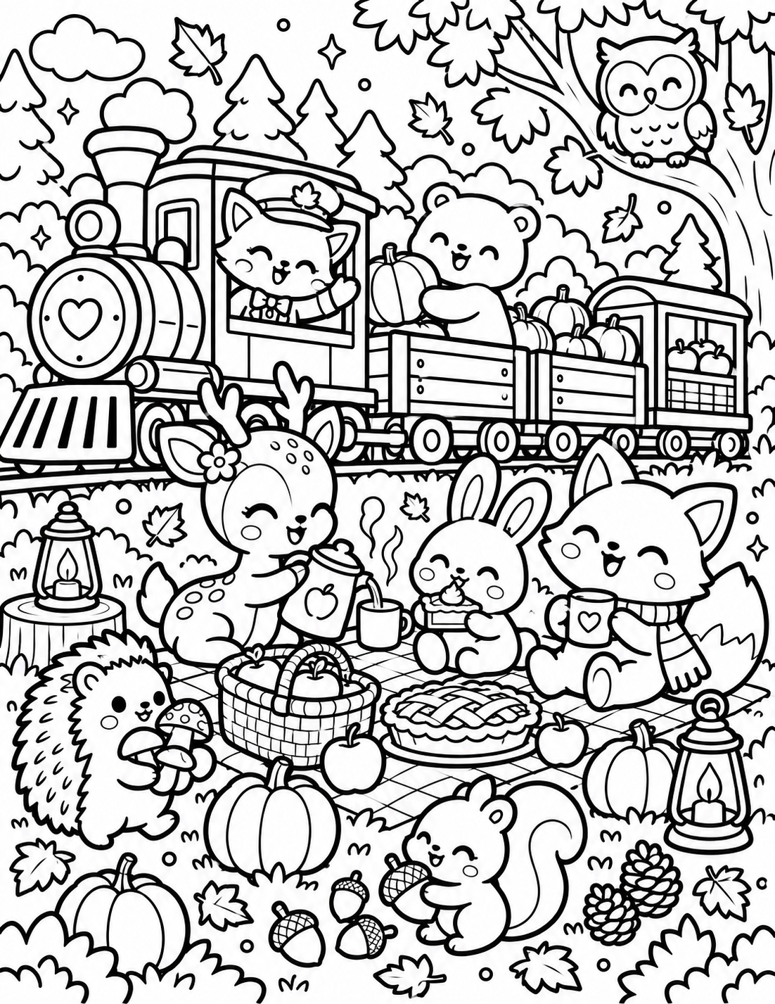 AI coloring page: Large 8.5" × 11" Coloring Page A cute woodland train stops in a cozy autumn fore — free printable line art