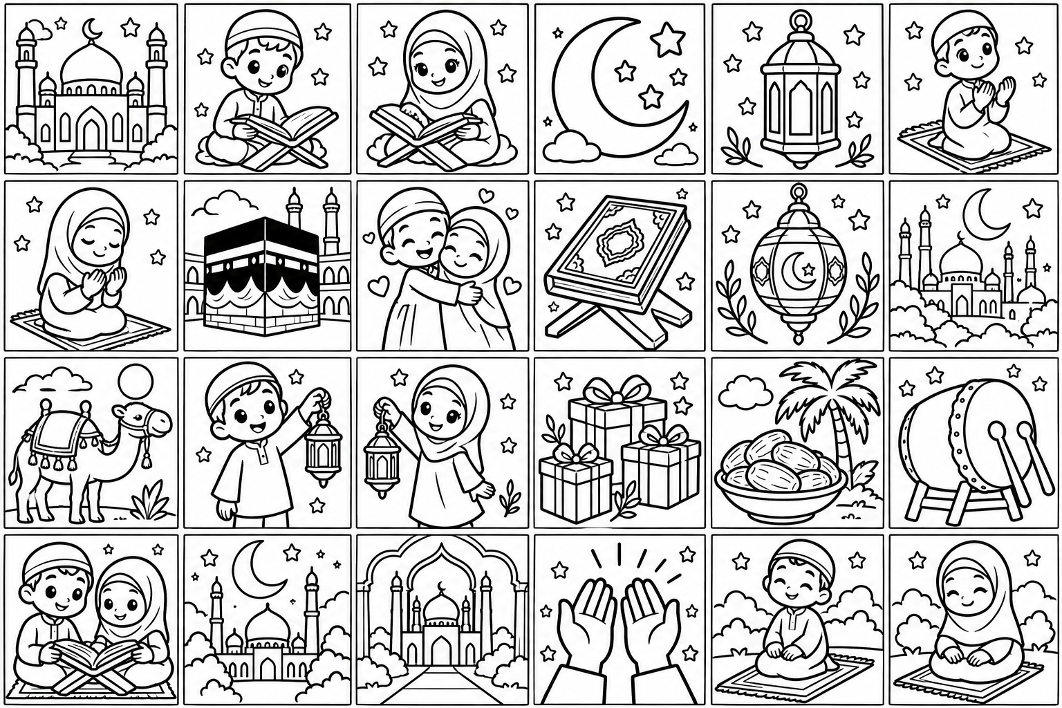 AI coloring page: Create a Muslim Kids Coloring Book with 25 unique Islamic-themed coloring pages  — free printable line art