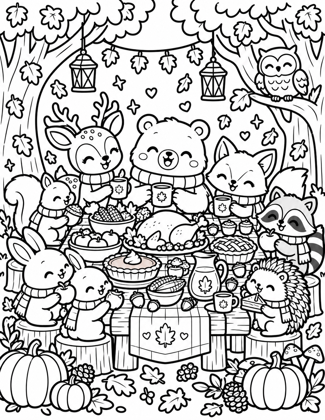 AI coloring page: Large 8.5" × 11" A cozy Thanksgiving celebration takes place beneath giant autum — free printable line art