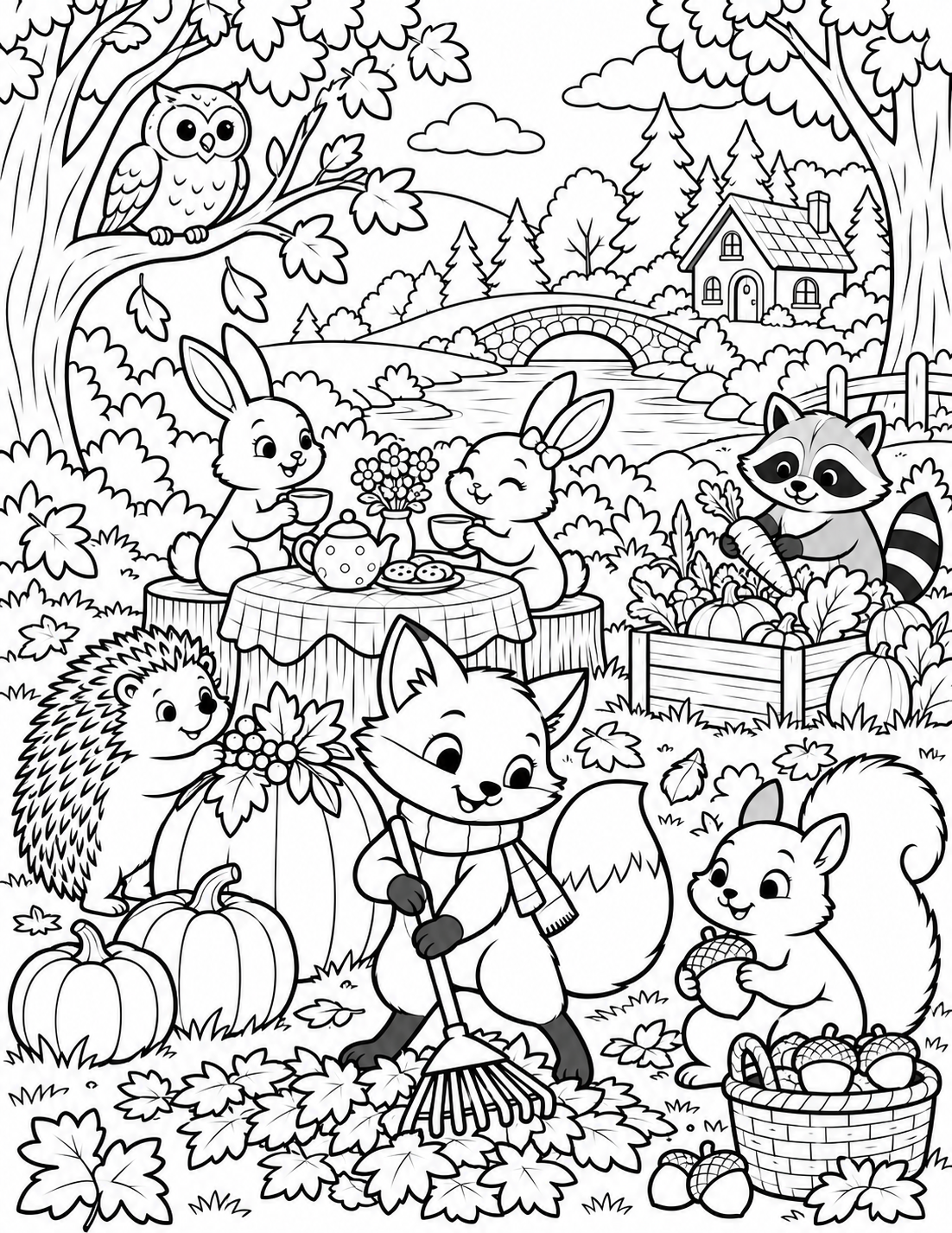 AI coloring page: cozy autumn adventure filled with adorable woodland friends!

Step into a colorf — free printable line art