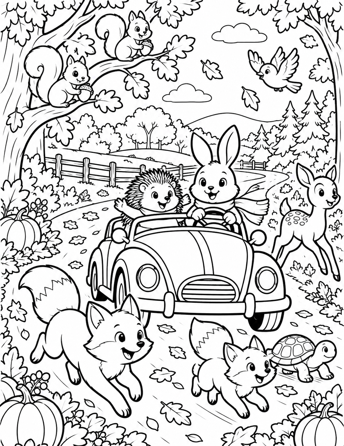 AI coloring page: Step into a colorful road where squirrels on tree, foxes running on road, hedgeh — free printable line art