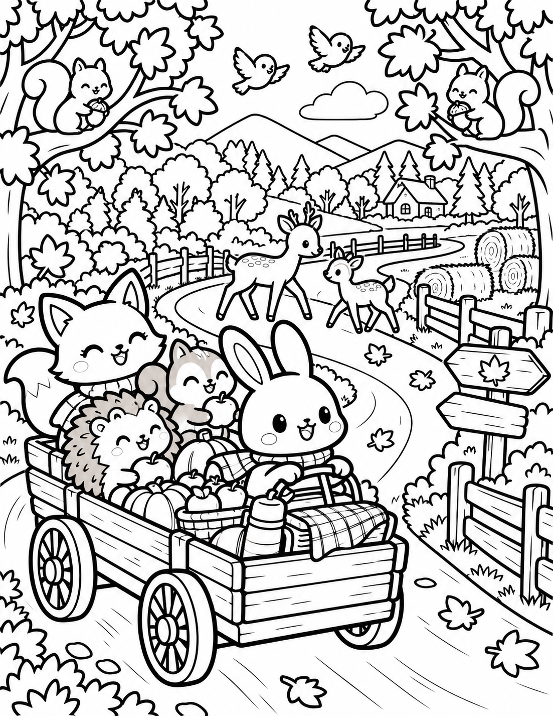 AI coloring page: Large 8.5" × 11" Create Create a cute fall countryside road scene with a winding — free printable line art