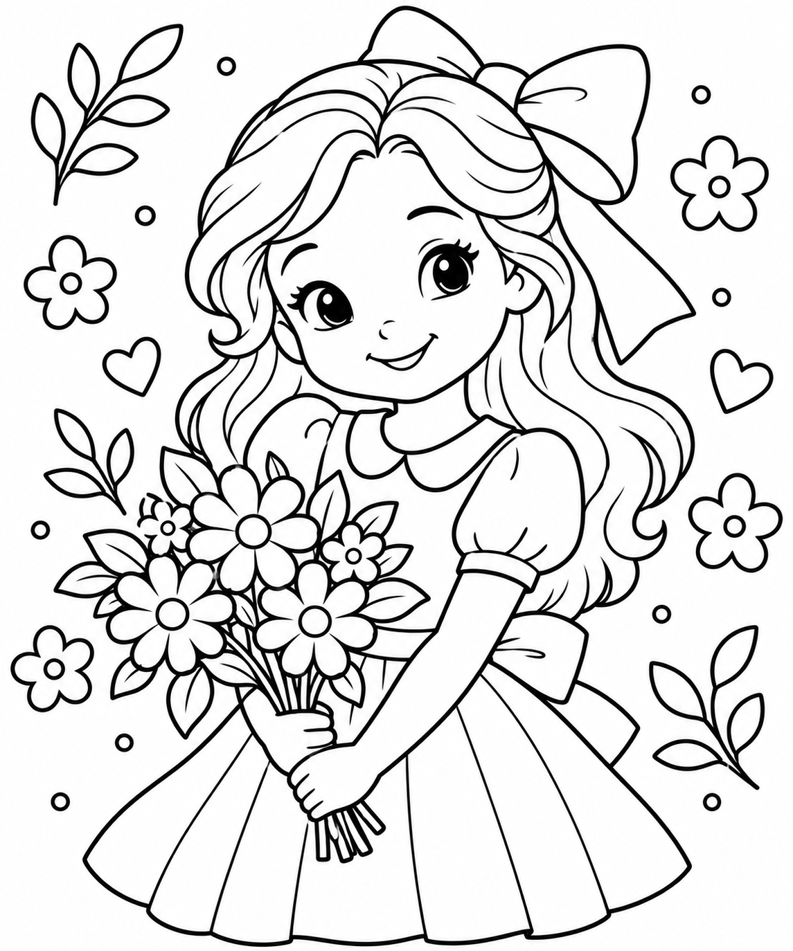 AI coloring page: really easy, preppy, cute, and some flowers — free printable line art
