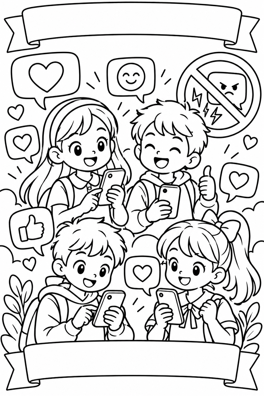 AI coloring page: A4 portrait black-and-white coloring page about civilized online communication.  — free printable line art
