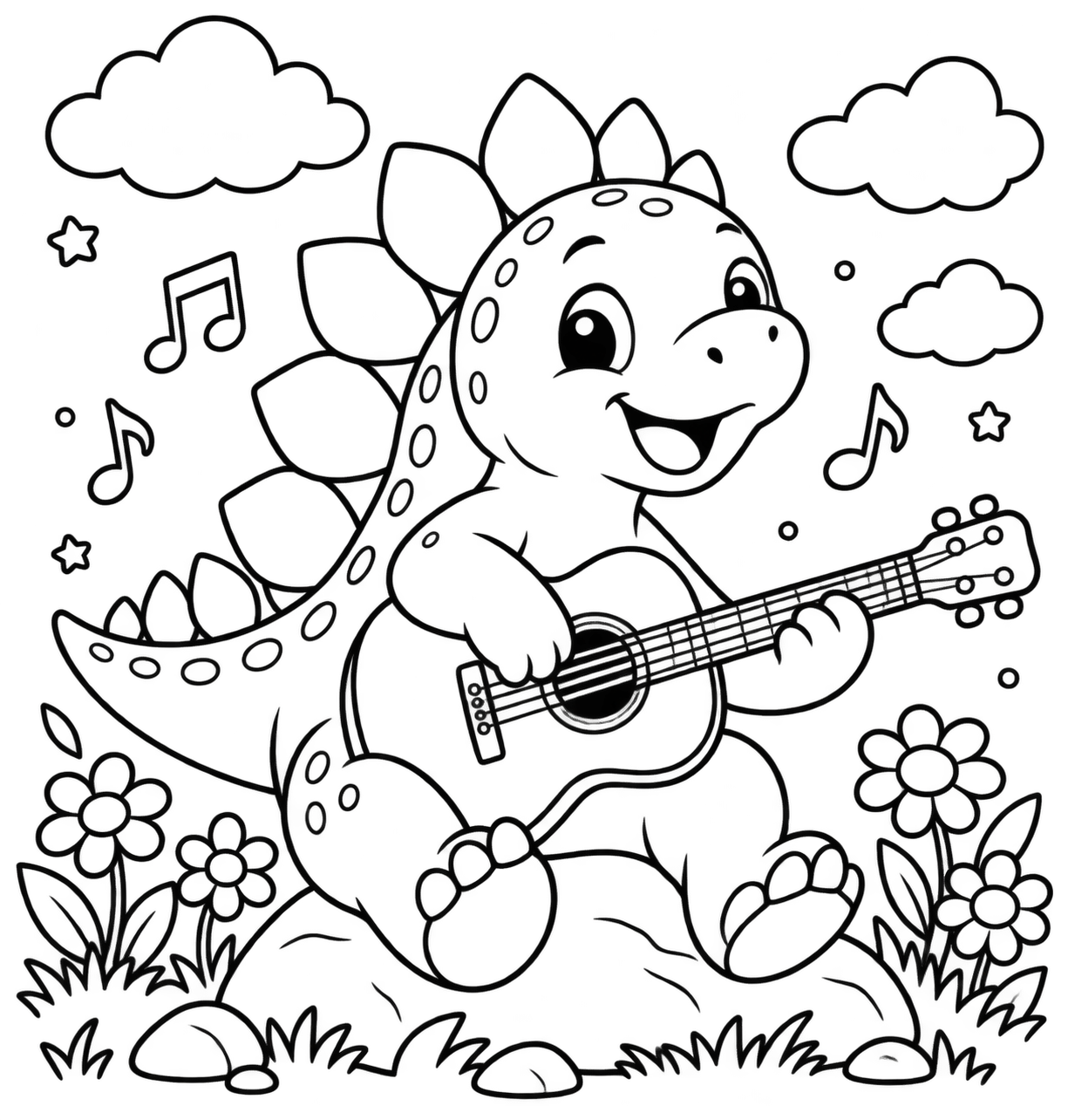 AI coloring page: Cute baby Stegosaurus sitting on a small rock and happily playing an acoustic gu — free printable line art