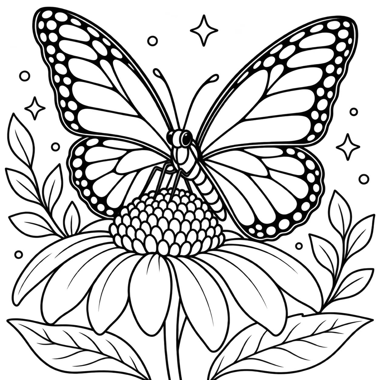 AI coloring page: a monarch butterfly on a flower — free printable line art
