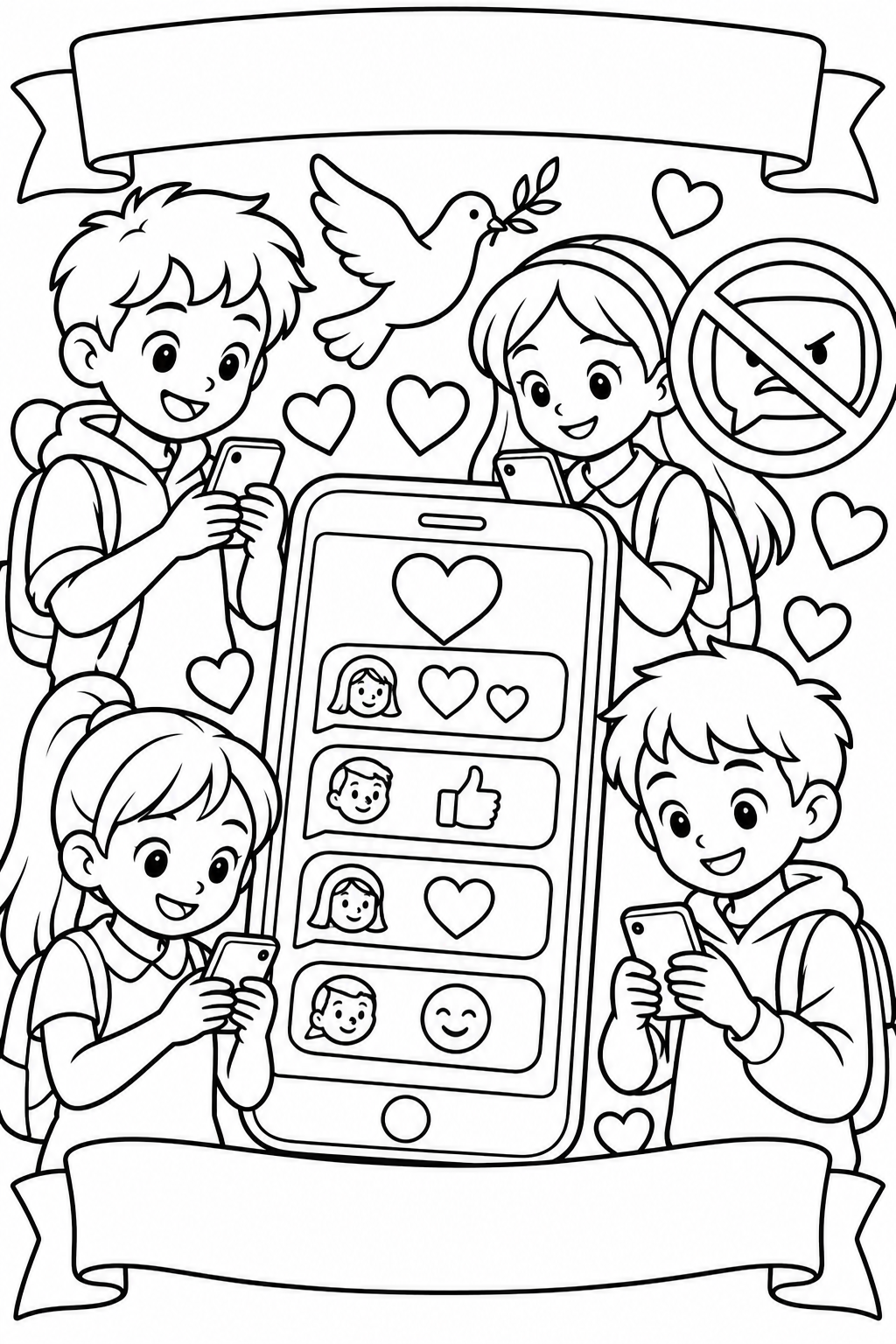 AI coloring page: A4 portrait black-and-white coloring page about civilized online communication.  — free printable line art