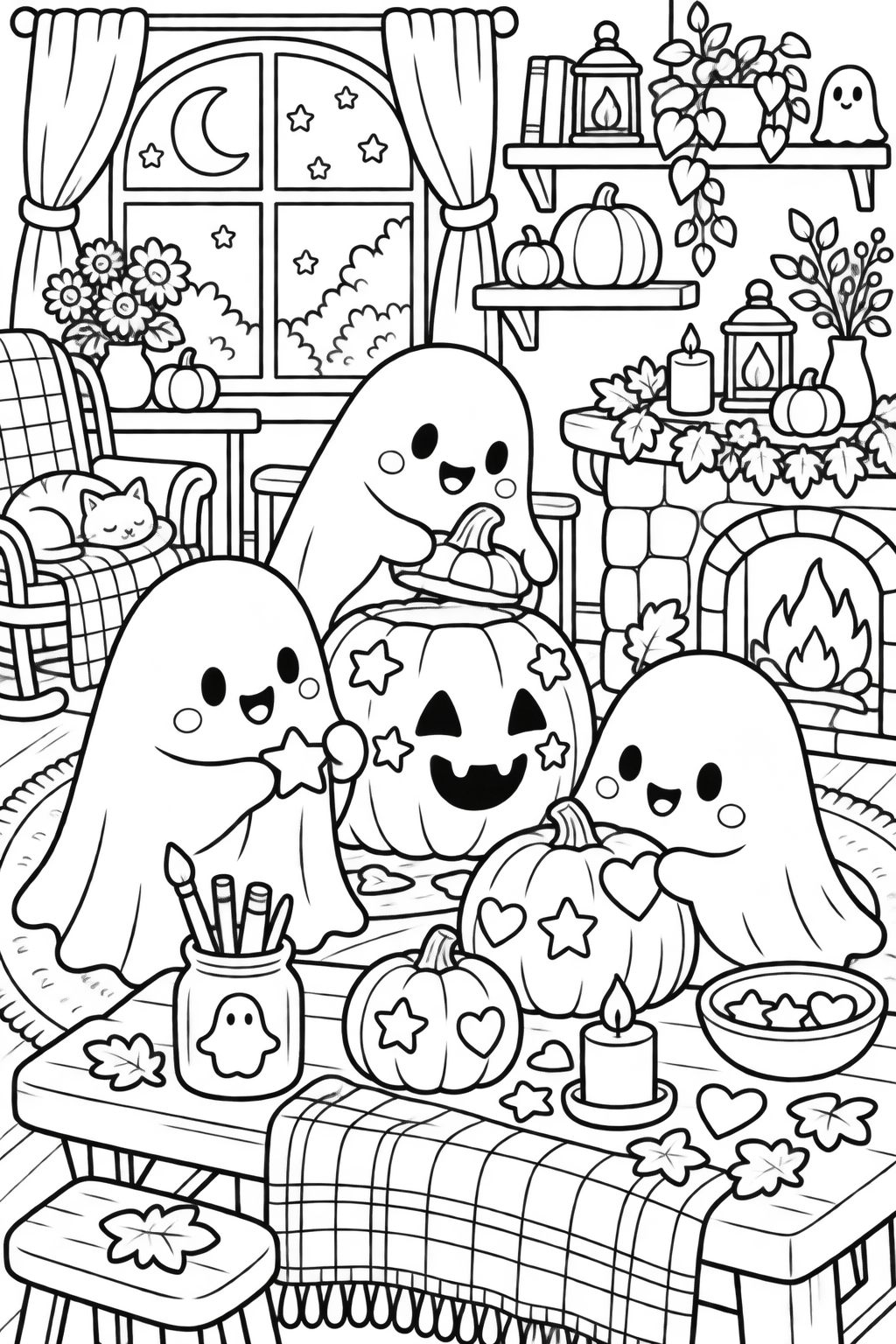 AI coloring page: Cute cozy Halloween colouring book illustration of adorable little ghosts decora — free printable line art
