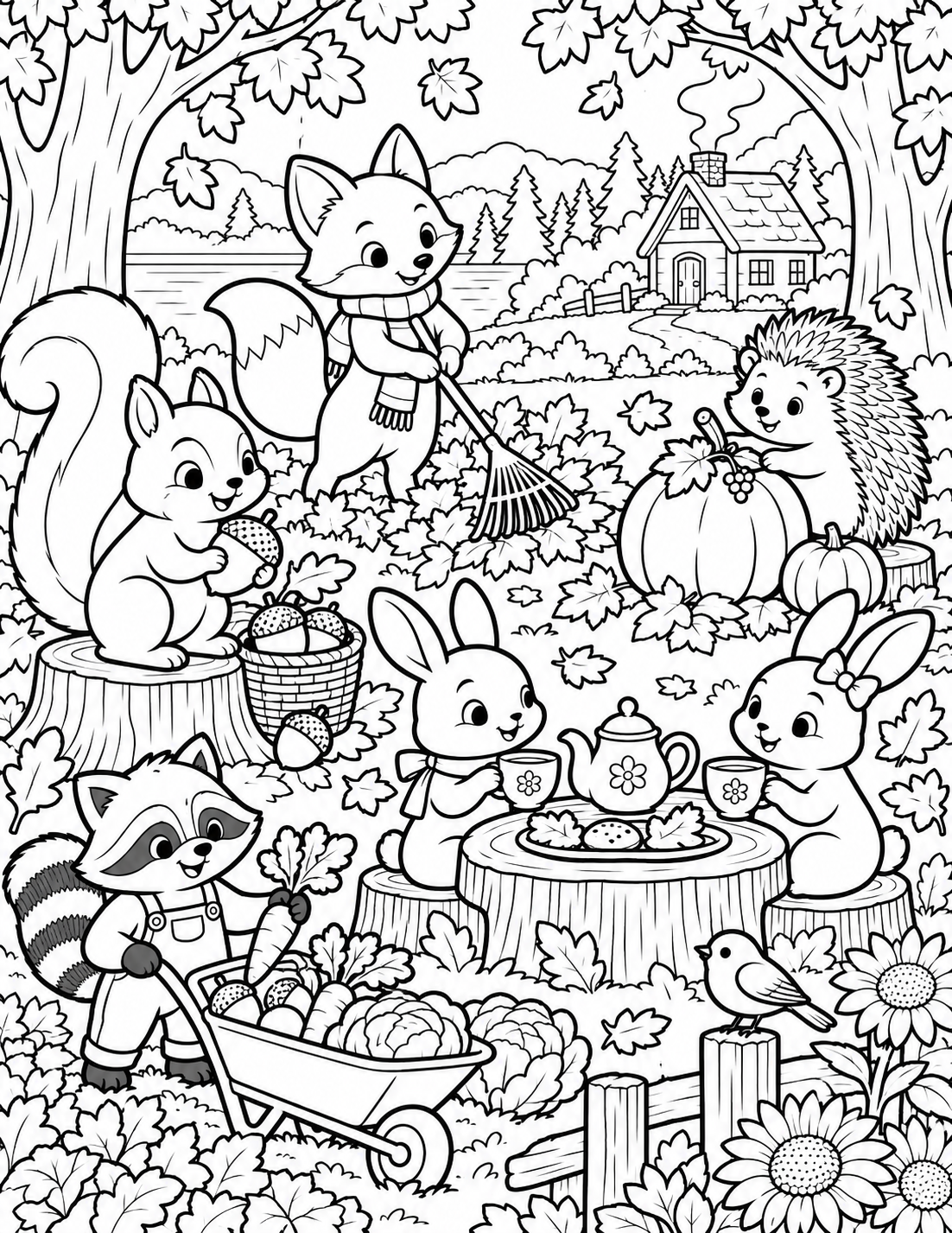 AI coloring page: cozy autumn adventure filled with adorable woodland friends!

Step into a colorf — free printable line art