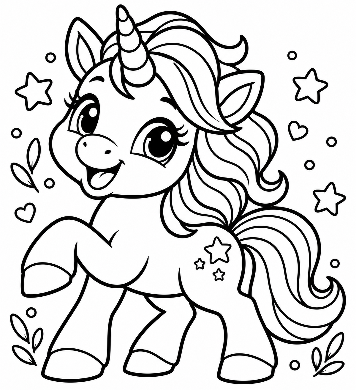 AI coloring page: a baby unicorn with a rainbow mane — free printable line art