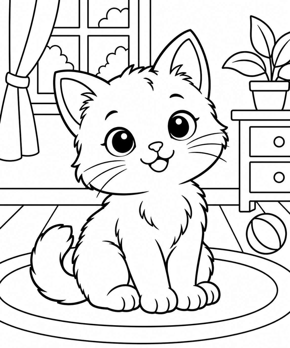 AI coloring page: Cute baby cat sitting in a room, simple cute 
kids coloring book page, black and — free printable line art