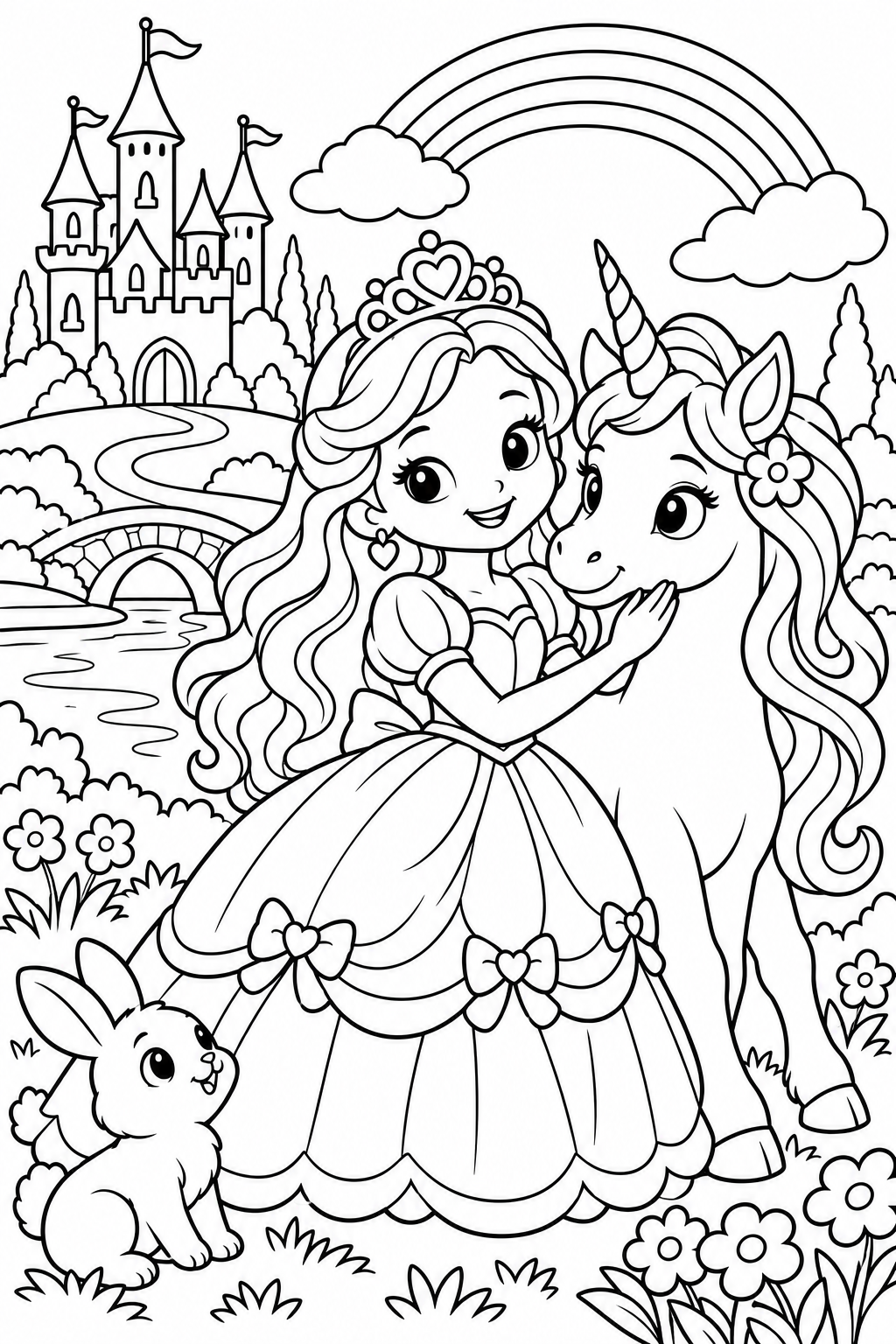 AI coloring page: Create an original Princess Coloring Book for kids ages 3–6. Generate a cute pri — free printable line art