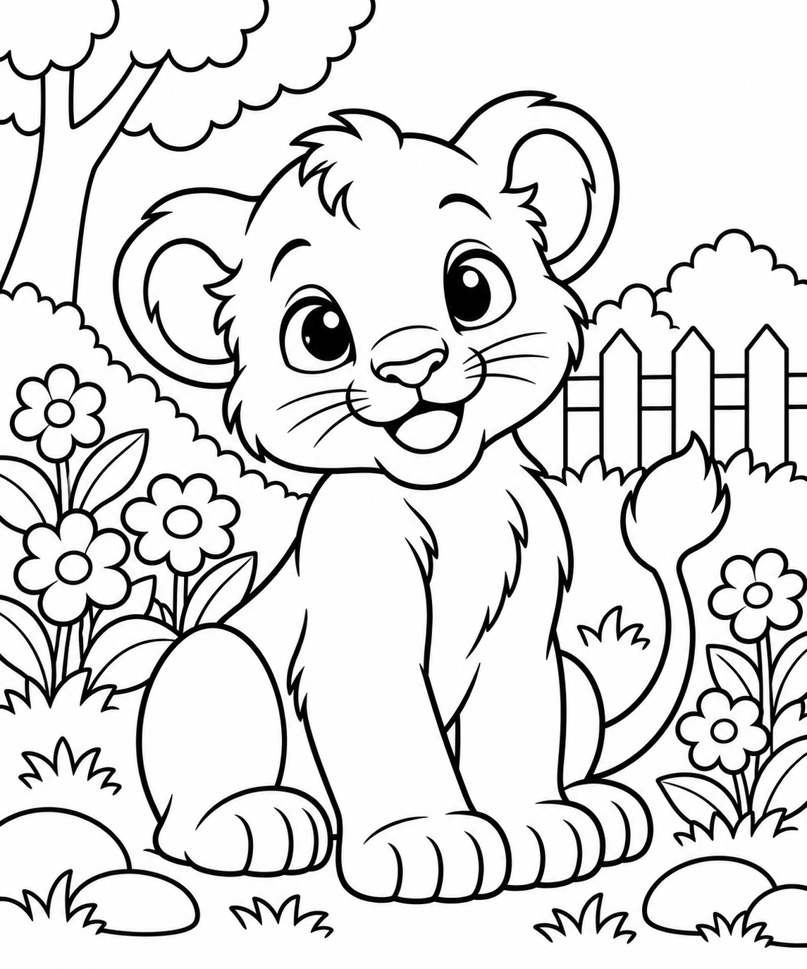 AI coloring page: Cute baby lion sitting in a garden, simple kids coloring book page, black and wh — free printable line art