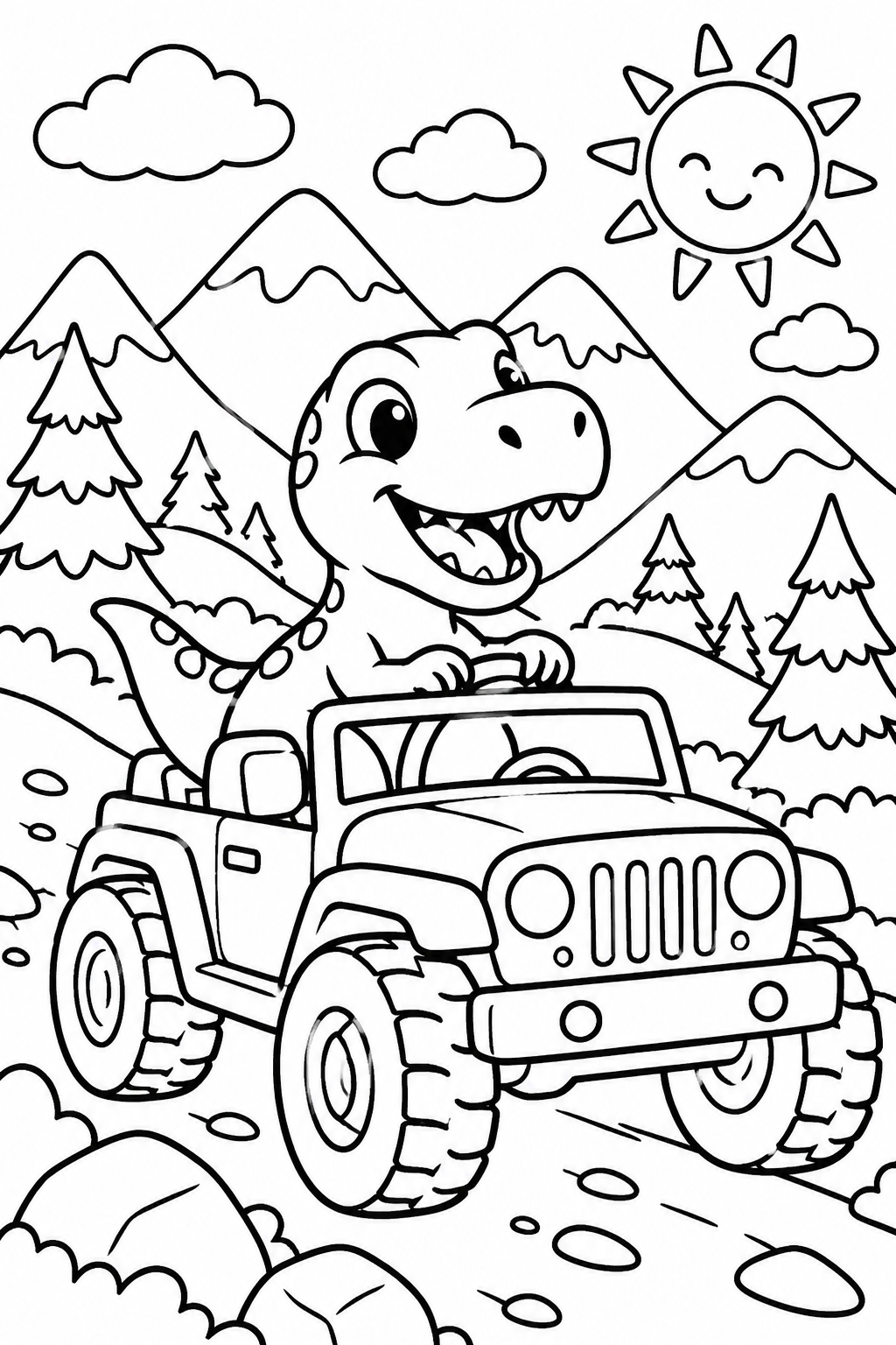 AI coloring page: Create a simple cute coloring page for kids aged 3–5. A happy baby T-Rex drives  — free printable line art