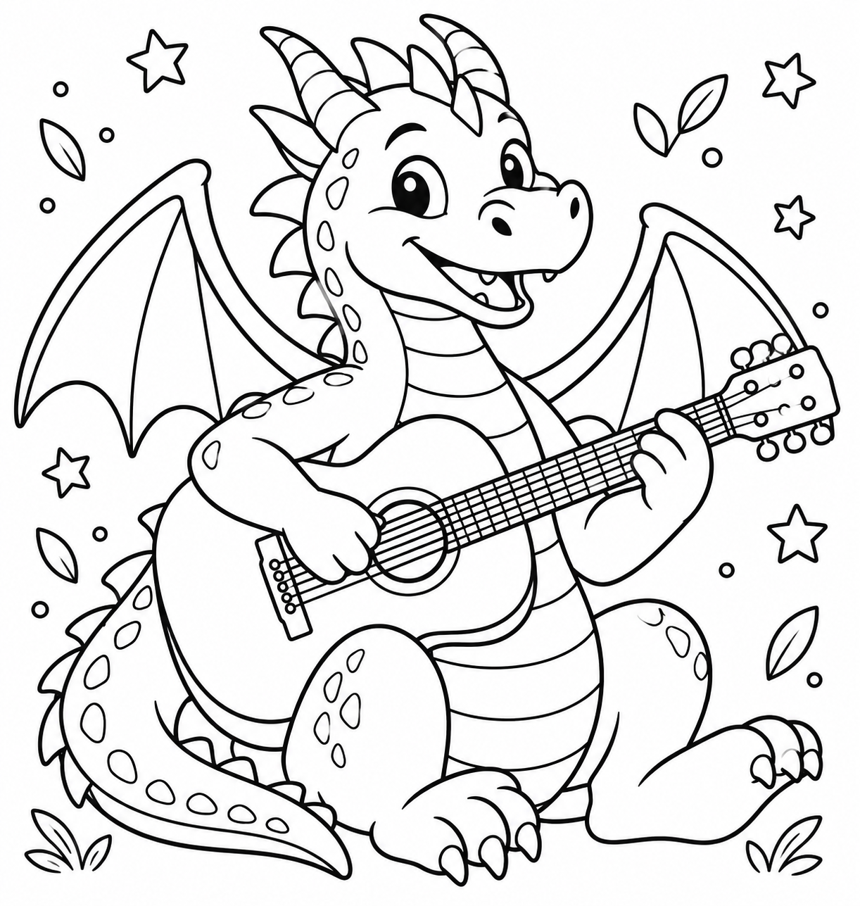 AI coloring page: A friendly dragon playing guitar — free printable line art