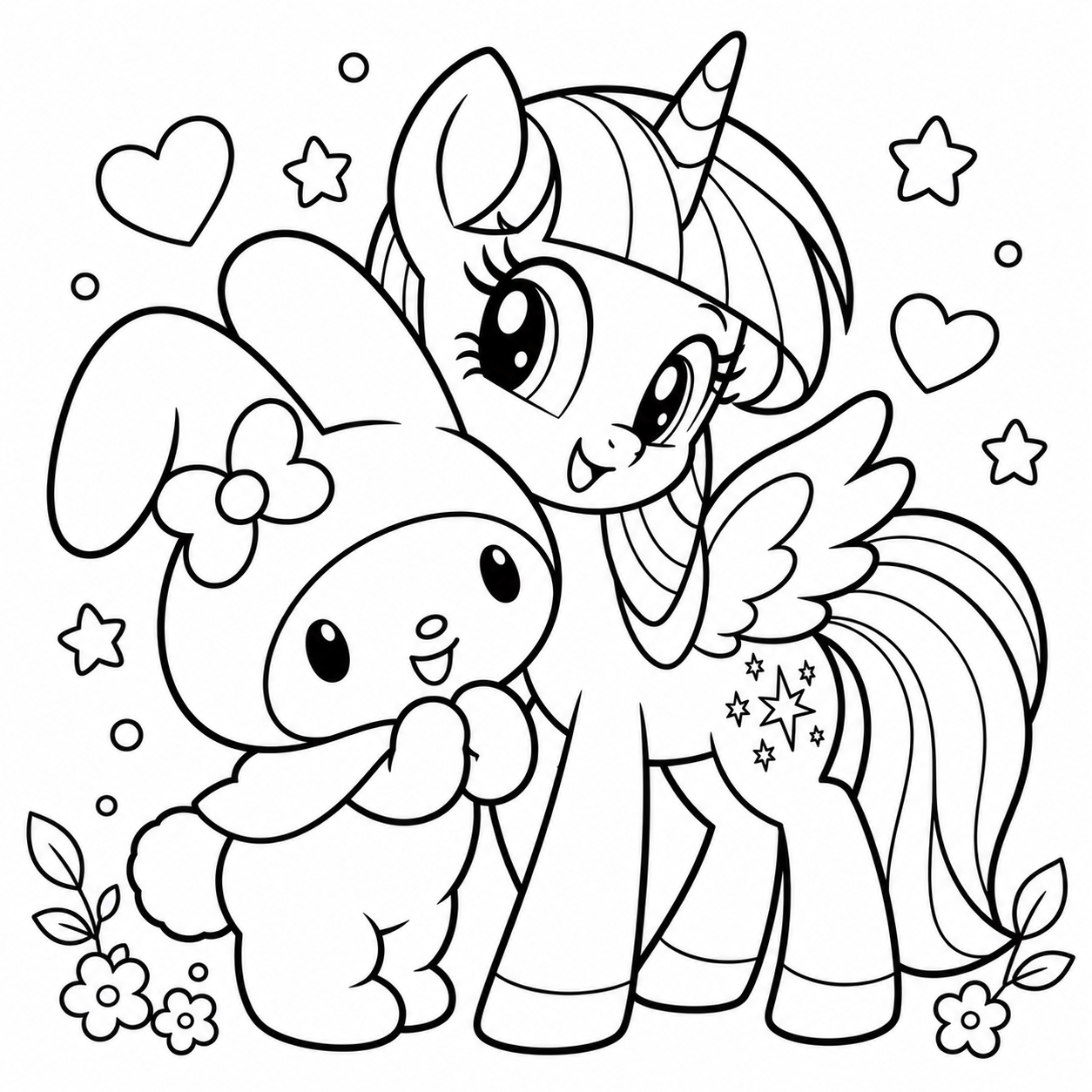 AI coloring page: melody character with my little ponny character — free printable line art