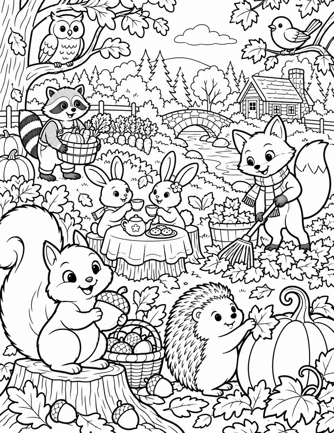 AI coloring page: cozy autumn adventure filled with adorable woodland friends!

Step into a colorf — free printable line art