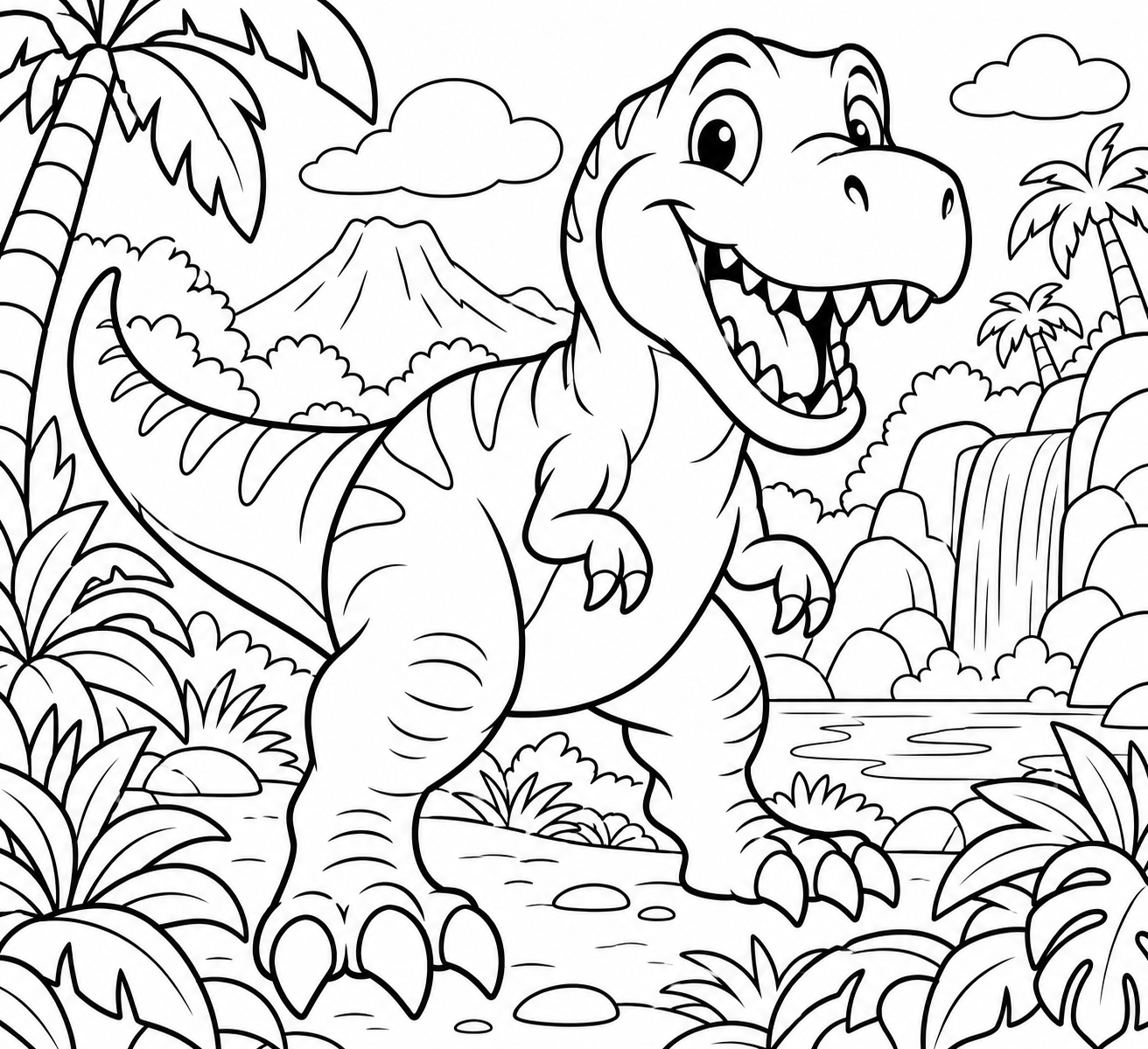 AI coloring page: a friendly T-Rex exploring a jungle — free printable line art