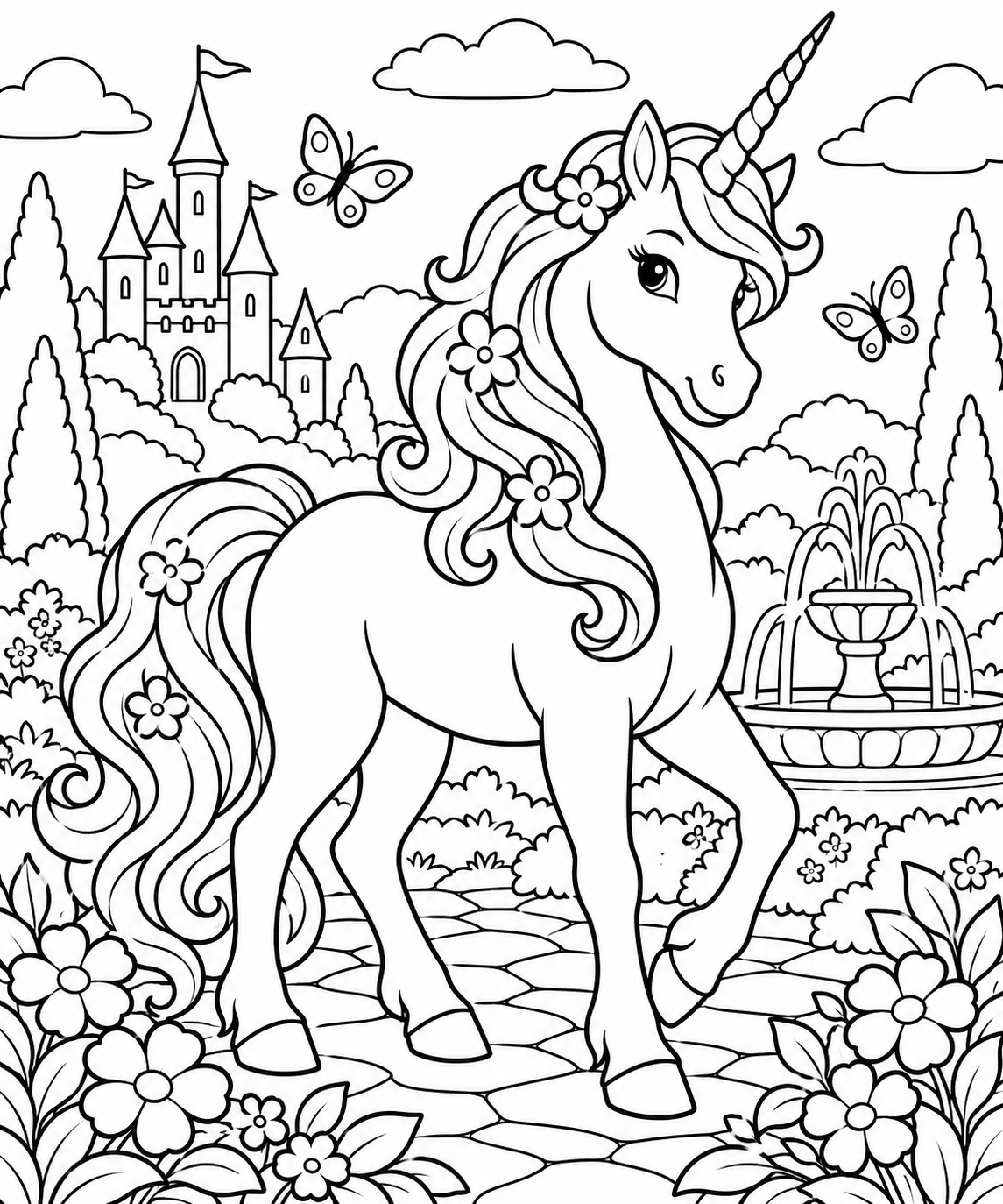 AI coloring page: Unicorn in a magical garden — free printable line art