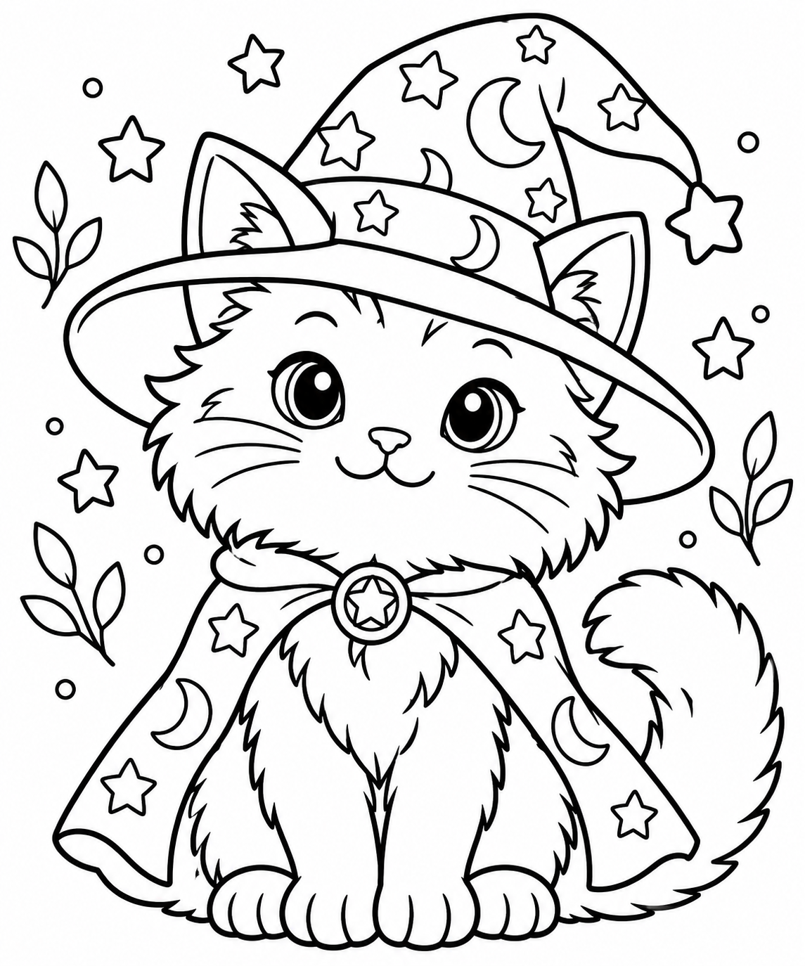 AI coloring page: Cute cat wearing a wizard hat — free printable line art