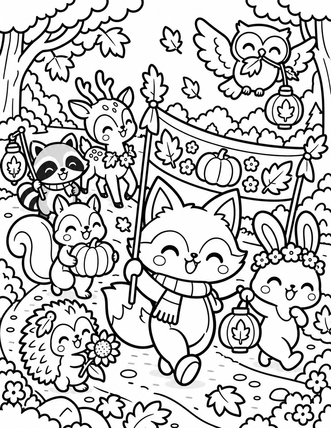 AI coloring page: Large 8.5" × 11" Coloring Page Fall Forest Parade
A joyful autumn parade with sq — free printable line art