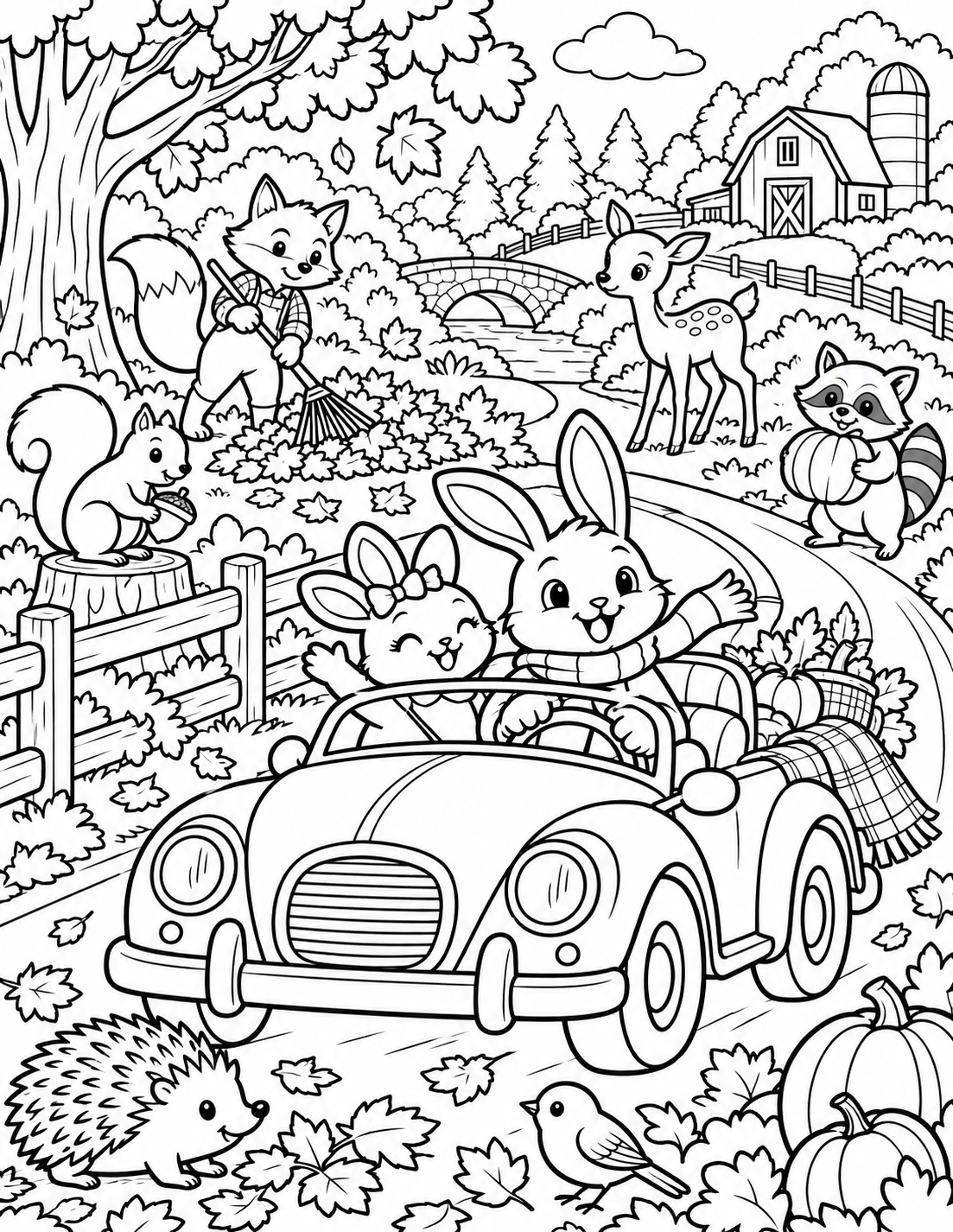 AI coloring page: cozy autumn adventure filled with adorable woodland friends! driving

Step into  — free printable line art