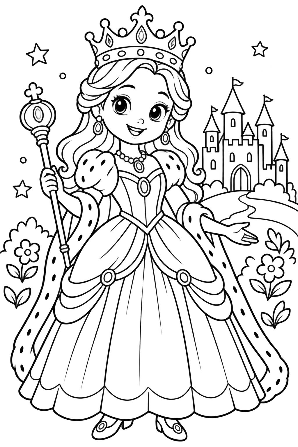 AI coloring page: Create a cute, adorable cartoon queen for a children's alphabet colouring book.  — free printable line art