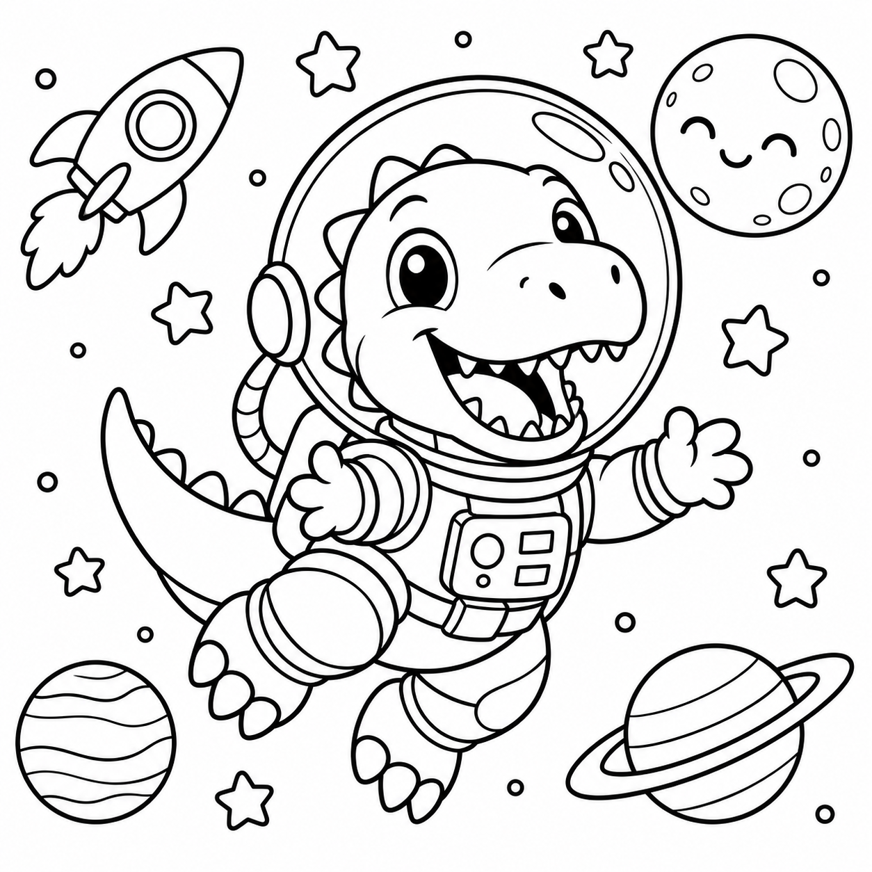 AI coloring page: Cute baby T-Rex wearing an astronaut suit and round helmet, floating in space. A — free printable line art
