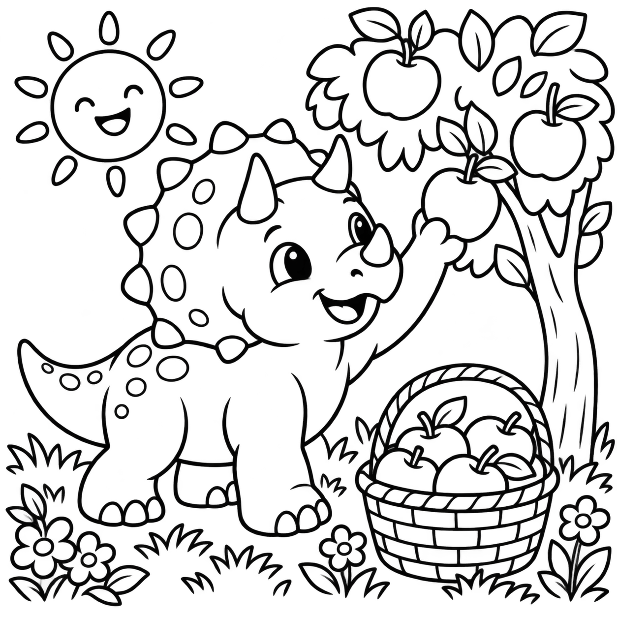 AI coloring page: Cute baby Triceratops picking apples from a small fruit tree. Add a basket of ap — free printable line art