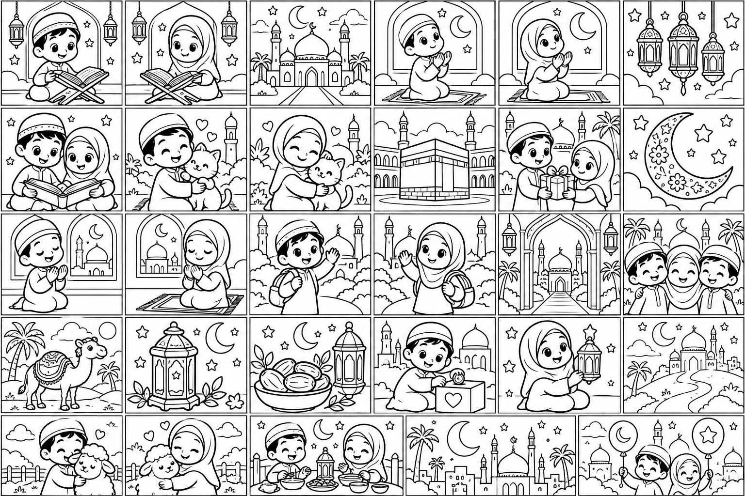 AI coloring page: Create a Muslim Kids Coloring Book with 25 unique Islamic-themed coloring pages  — free printable line art