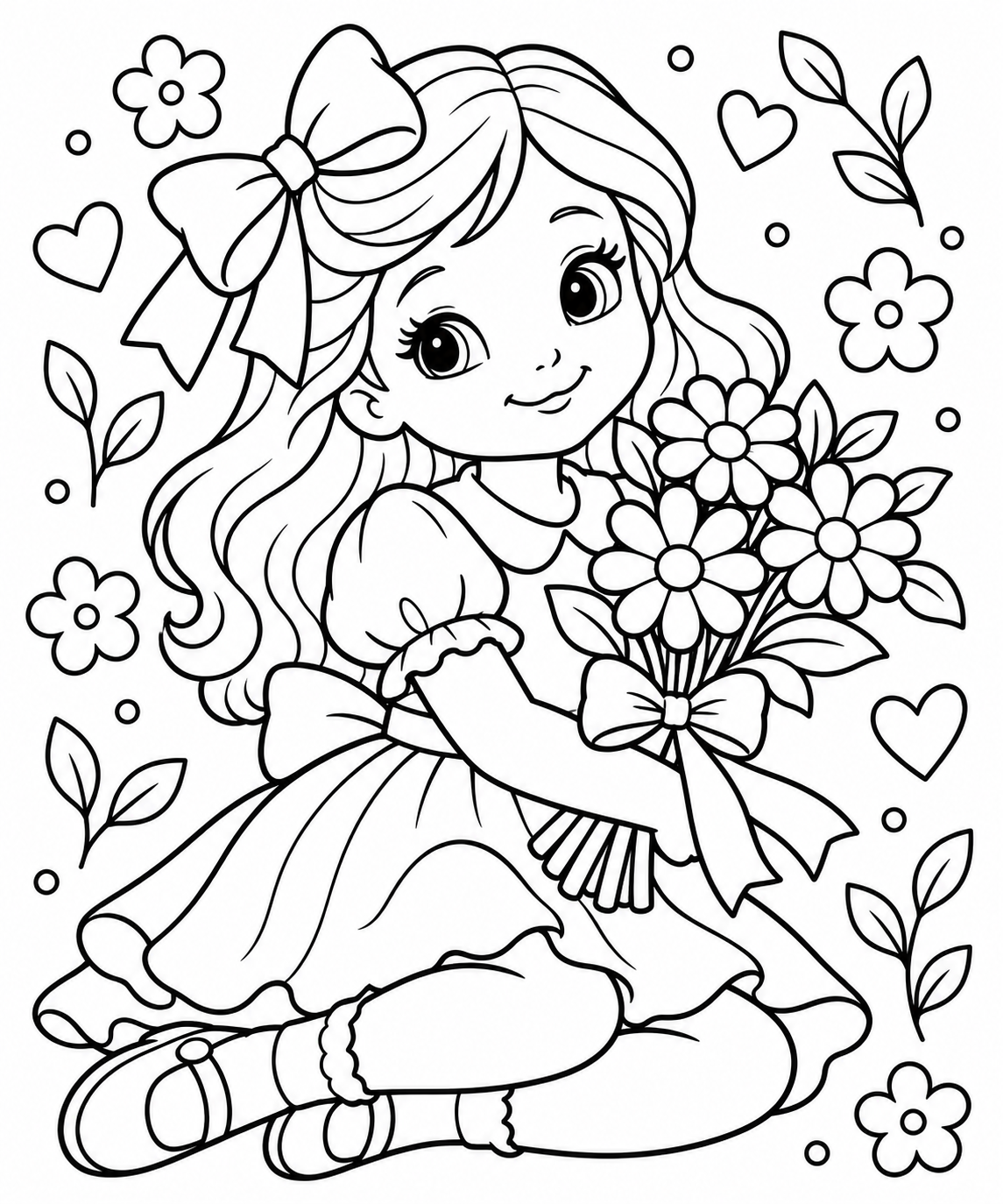 AI coloring page: really easy, preppy, cute, and some flowers — free printable line art