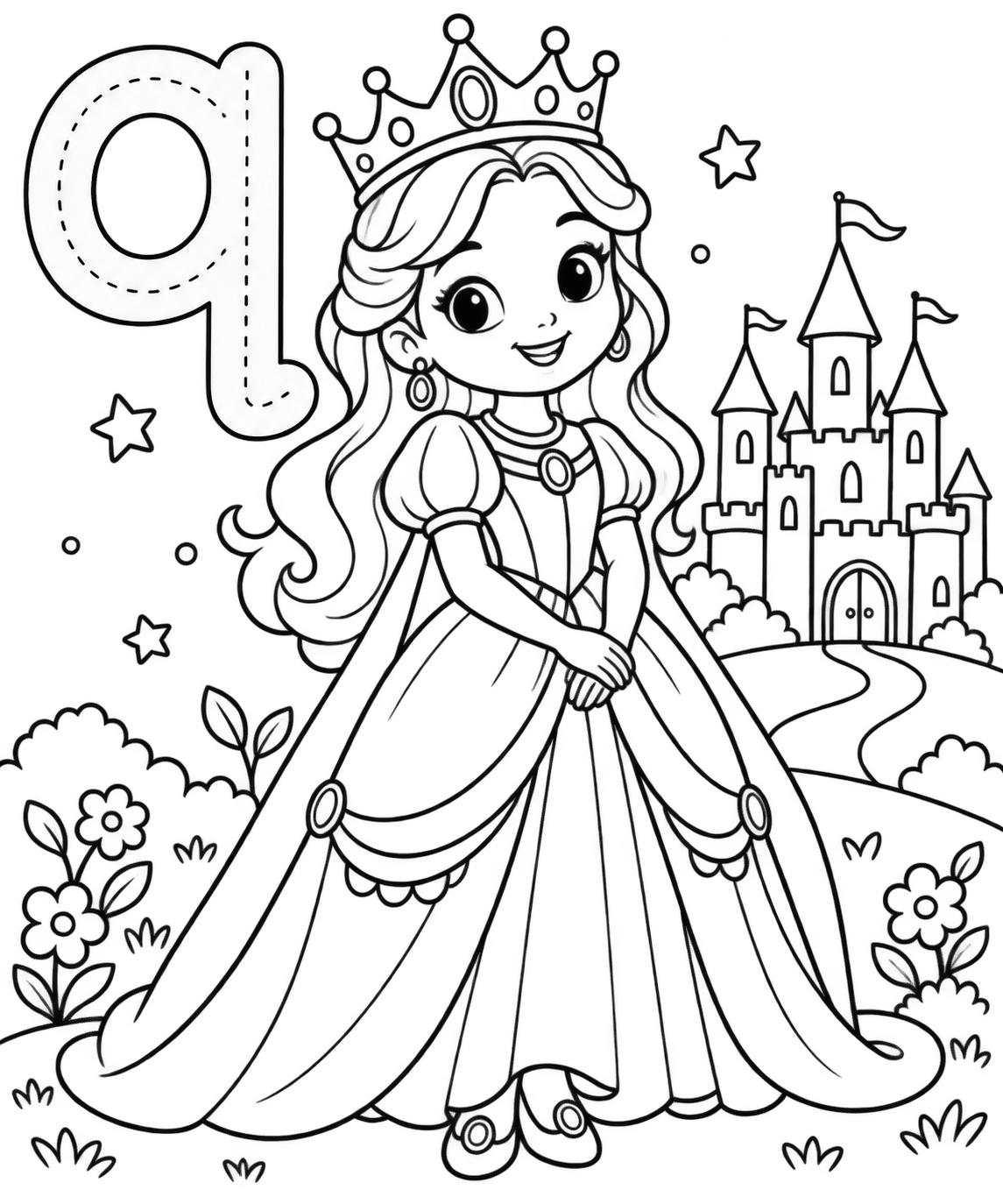 AI coloring page: Create a cute, adorable cartoon queen for a children's alphabet colouring book.  — free printable line art