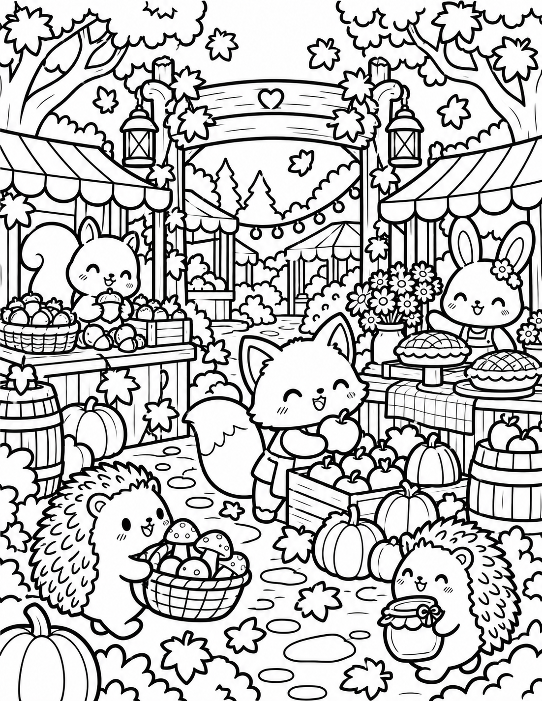 AI coloring page: Large 8.5" × 11" Create a cute autumn forest market scene with adorable woodland — free printable line art