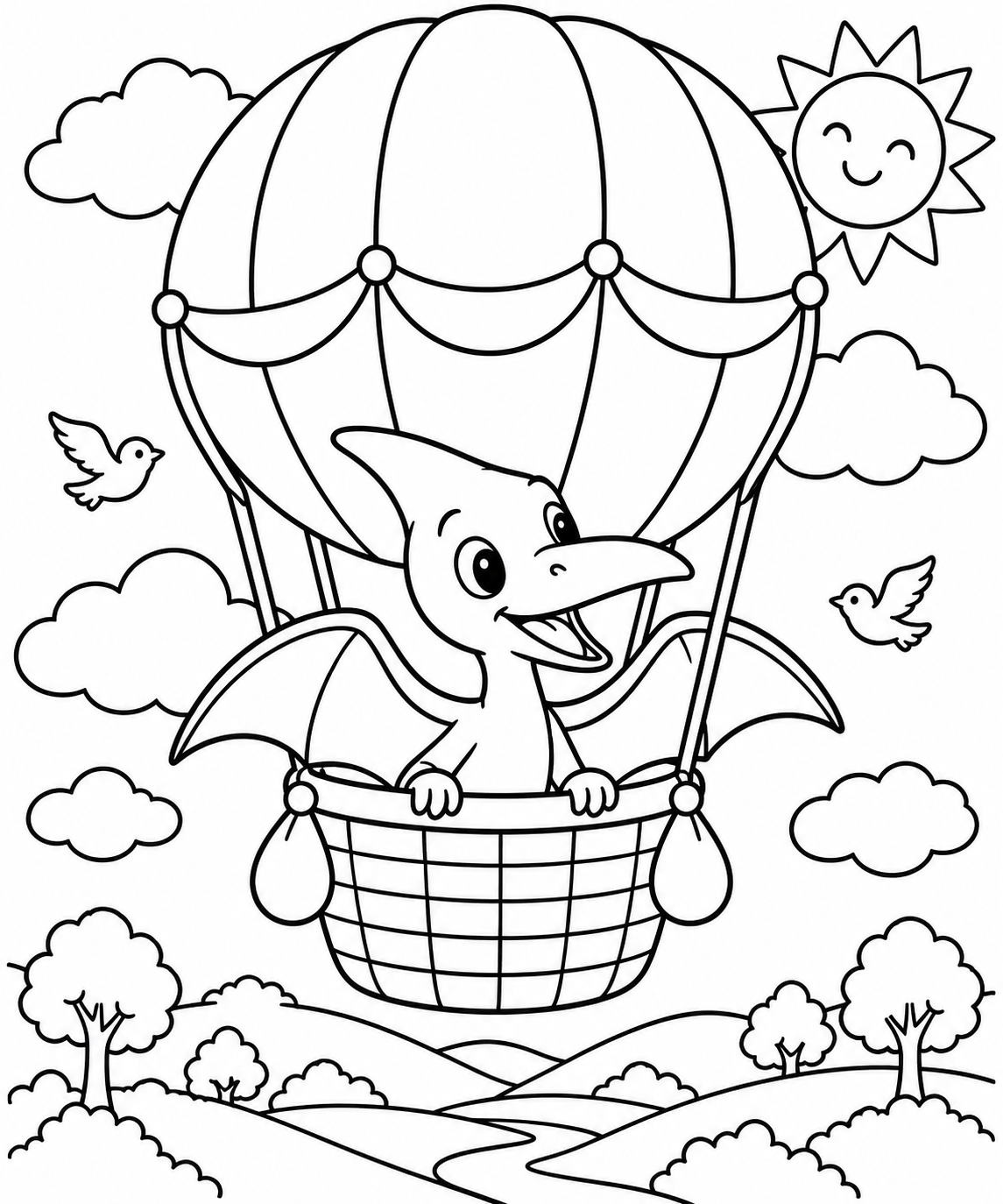 AI coloring page: Create a cute coloring page showing a happy baby Pterodactyl riding in a small h — free printable line art